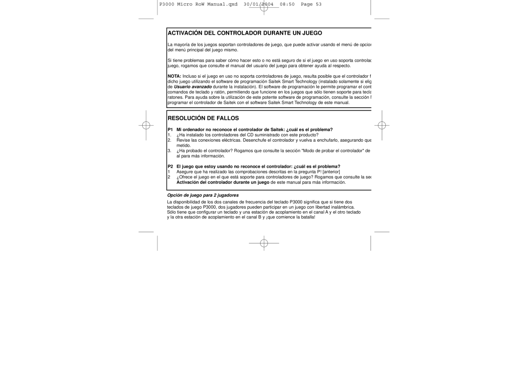 Saitek P3000 user manual Activación DEL Controlador Durante UN Juego, Opción de juego para 2 jugadores 