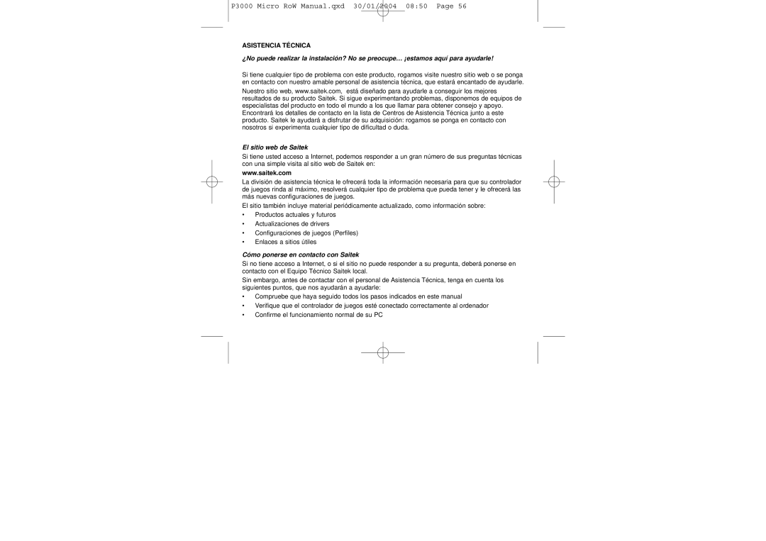 Saitek P3000 user manual Asistencia Técnica, El sitio web de Saitek, Cómo ponerse en contacto con Saitek 