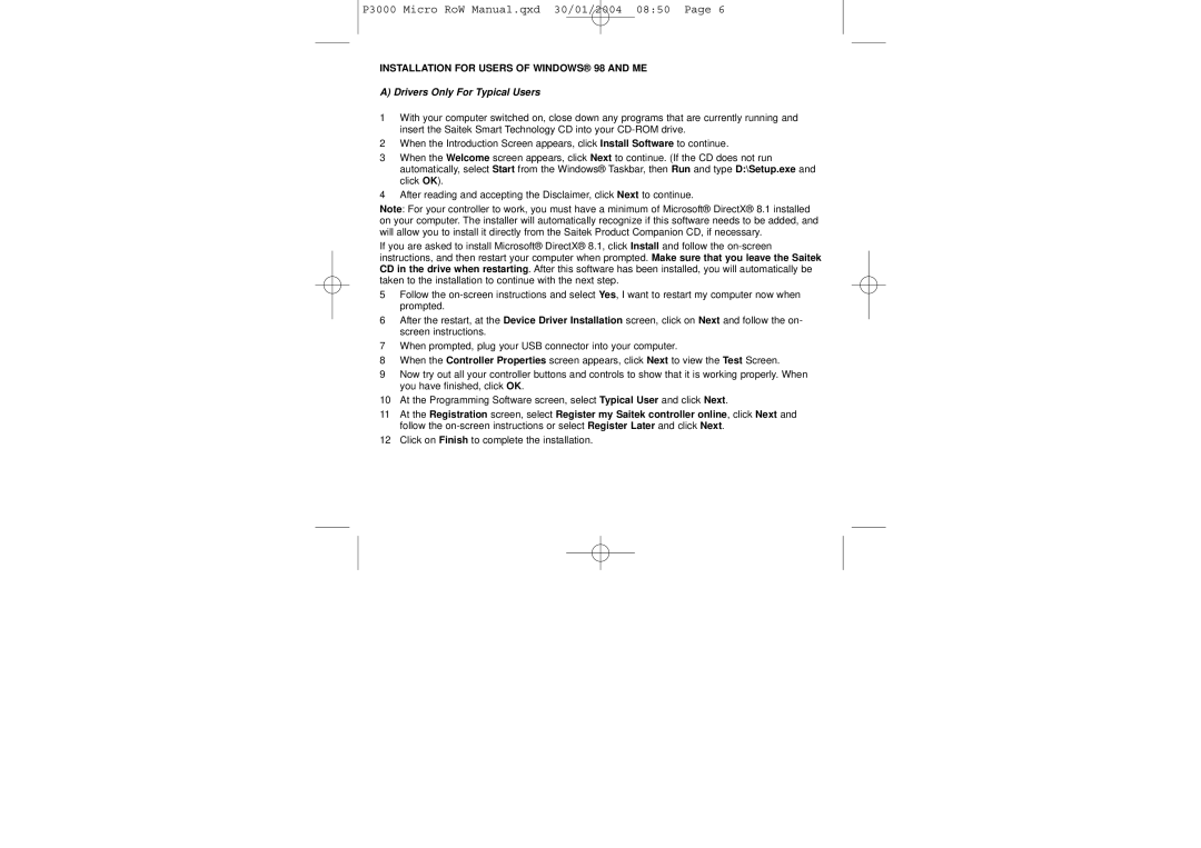 Saitek P3000 user manual Installation for Users of Windows 98 and ME 