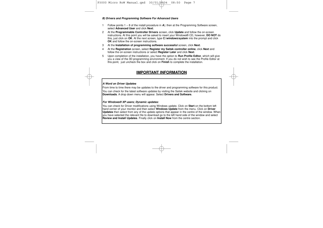 Saitek P3000 user manual Word on Driver Updates, For Windows XP users Dynamic updates 