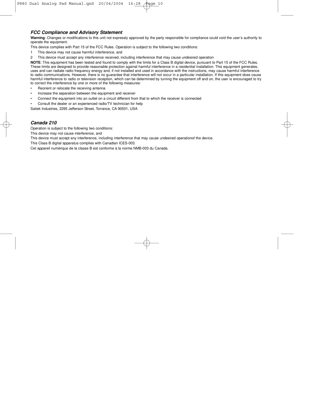 Saitek P880 user manual FCC Compliance and Advisory Statement, Canada 