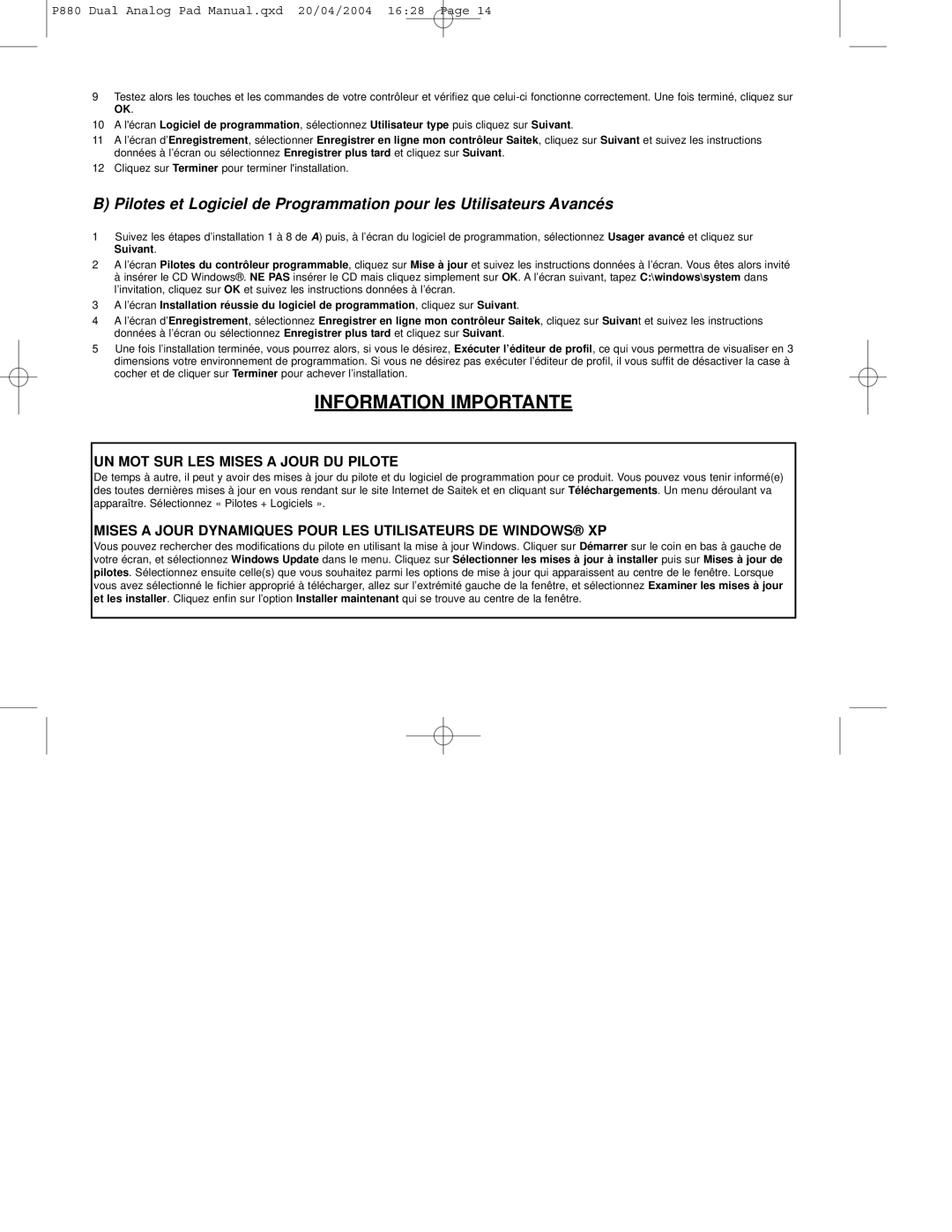 Saitek P880 user manual Information Importante, UN MOT SUR LES Mises a Jour DU Pilote 