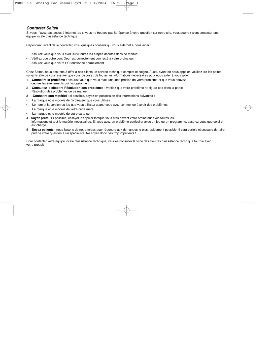 Saitek P880 user manual Contacter Saitek 