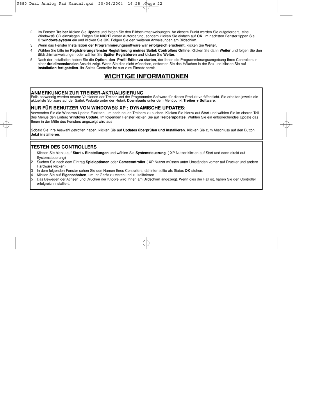 Saitek P880 user manual Wichtige Informationen, Anmerkungen ZUR TREIBER-AKTUALISIERUNG, Testen DES Controllers 