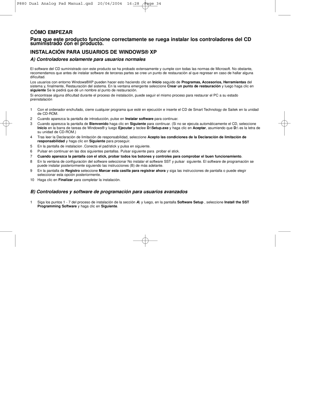 Saitek P880 Cómo Empezar, Instalación Para Usuarios DE Windows XP, Controladores solamente para usuarios normales 