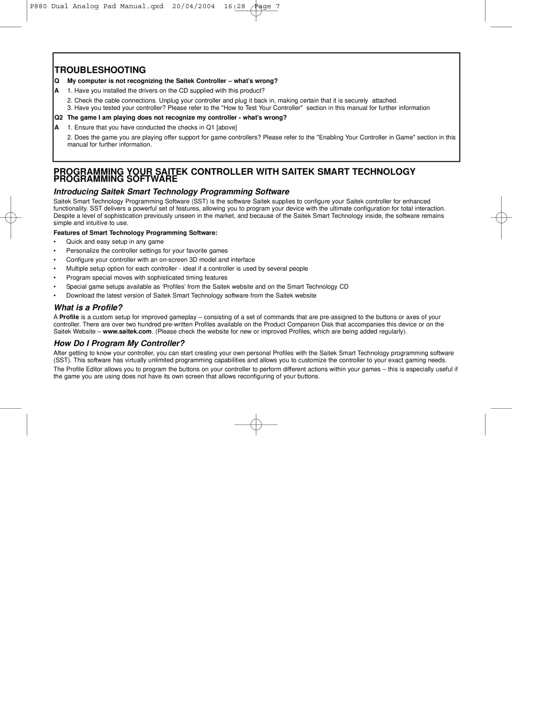 Saitek P880 user manual Troubleshooting, Introducing Saitek Smart Technology Programming Software 