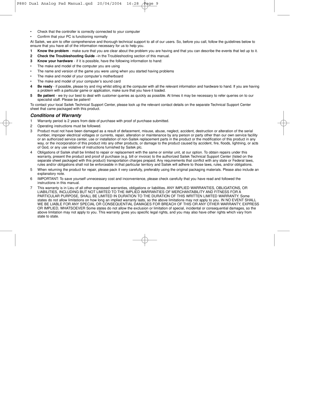 Saitek P880 user manual Conditions of Warranty 