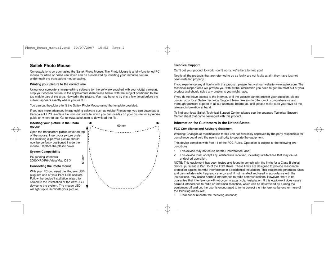 Saitek Photo Mouse user manual Information for Customers in the United States 