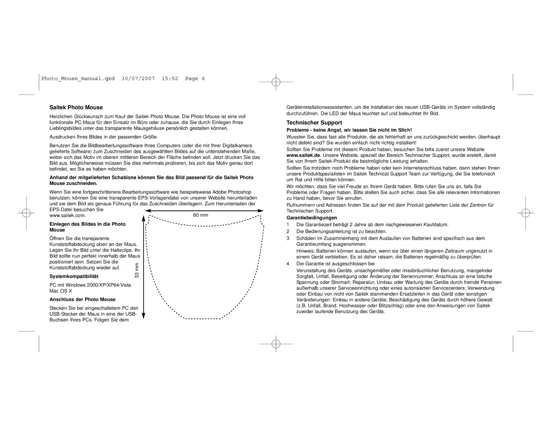 Saitek user manual Saitek Photo Mouse, Technischer Support 