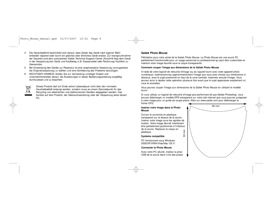 Saitek user manual Insérez votre image dans la Photo 60 mm Mouse, Système compatible, Connecter la Photo Mouse 