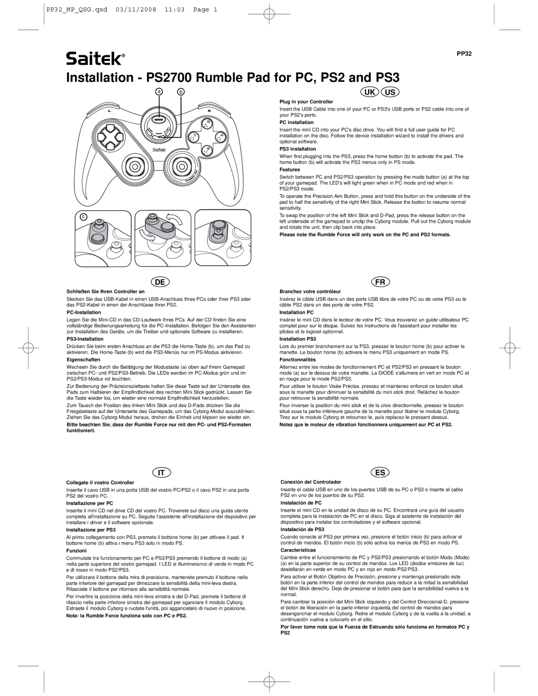 Saitek PS2700 manual Plug in your Controller, PC installation, PS3 installation, Features, PC-Installation, Eigenschaften 