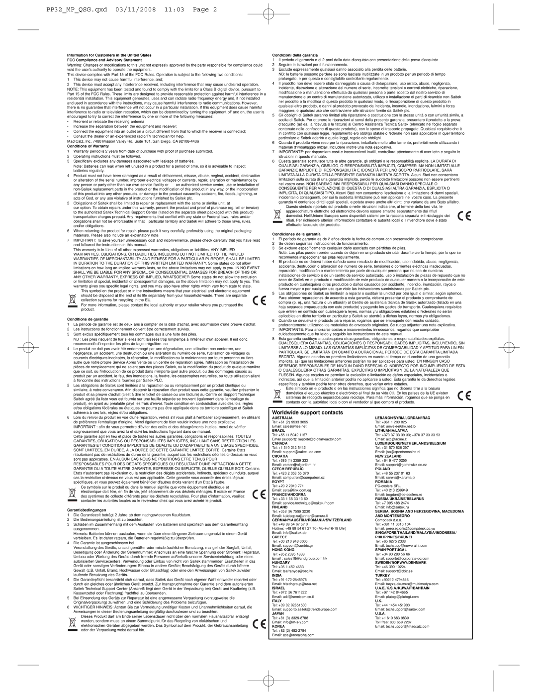 Saitek PS2700 manual Conditions of Warranty, Conditions de garantie, Garantiebedingungen, Condizioni della garanzia 