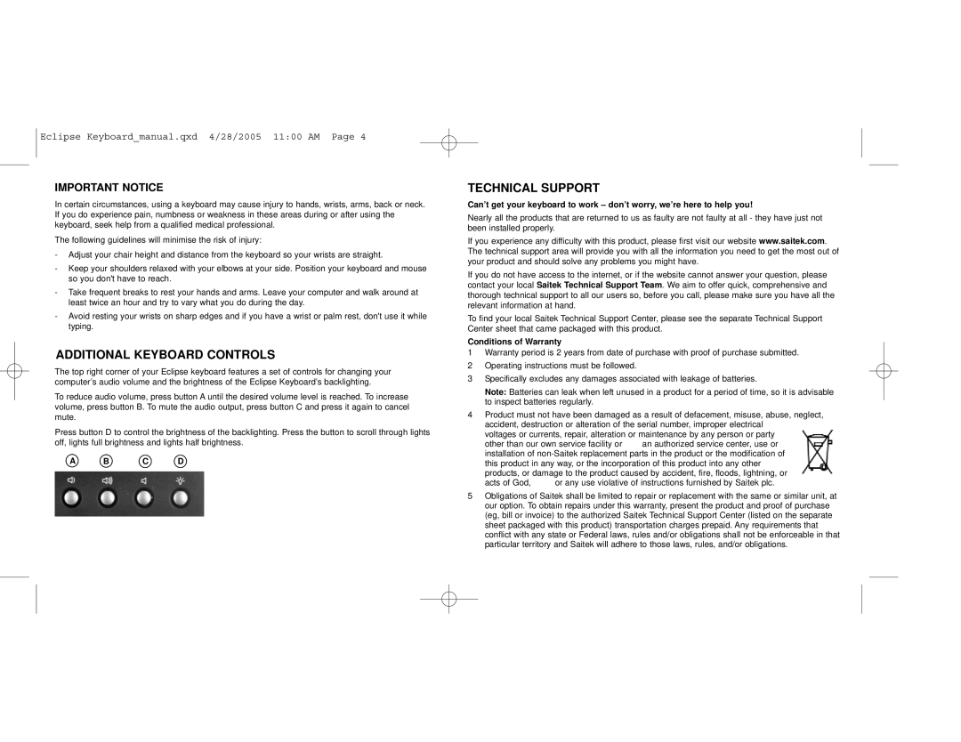 Saitek PZ10A user manual Important Notice, Conditions of Warranty 