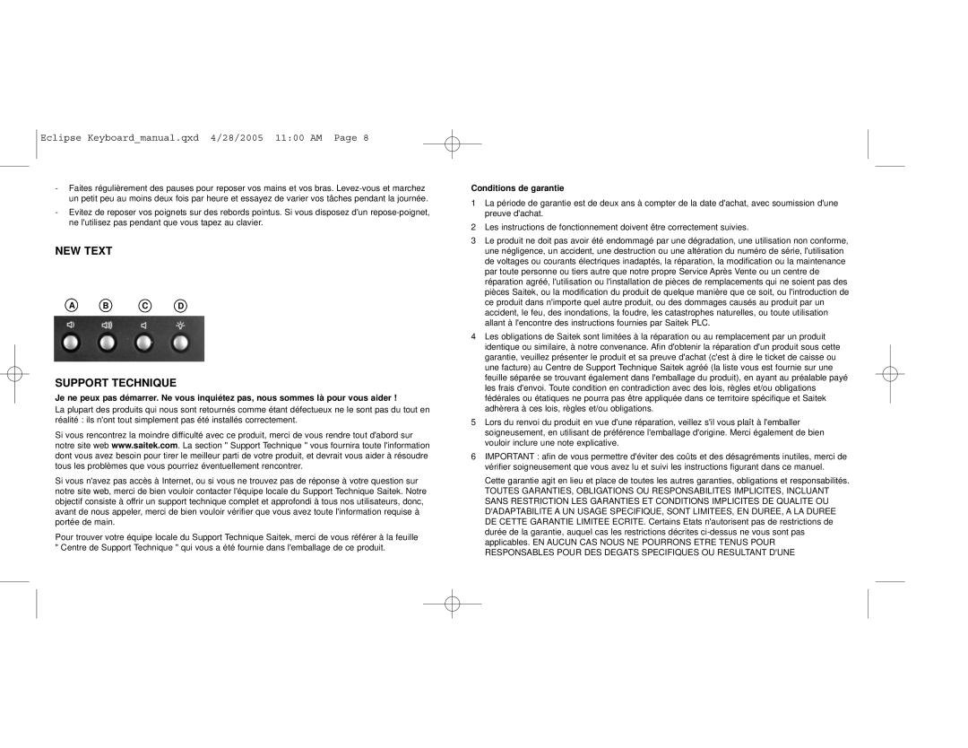 Saitek PZ10A user manual NEW Text, Support Technique, Conditions de garantie 