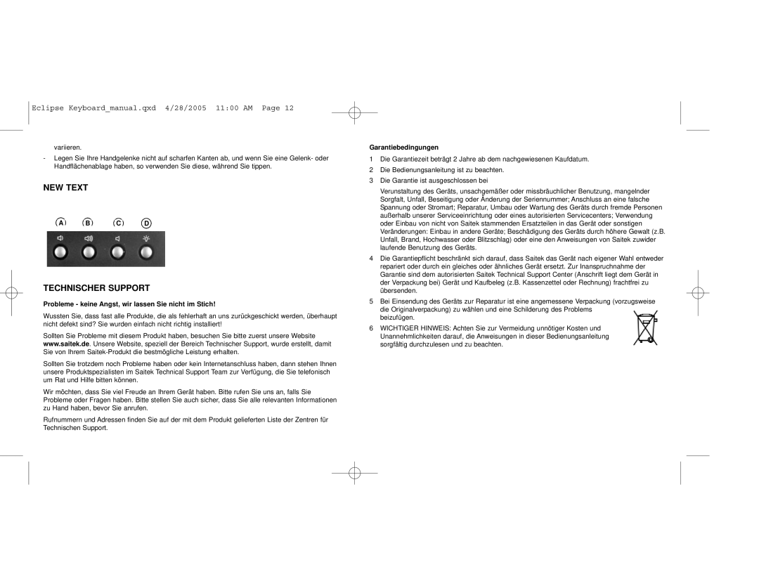 Saitek PZ10A NEW Text Technischer Support, Probleme keine Angst, wir lassen Sie nicht im Stich, Garantiebedingungen 