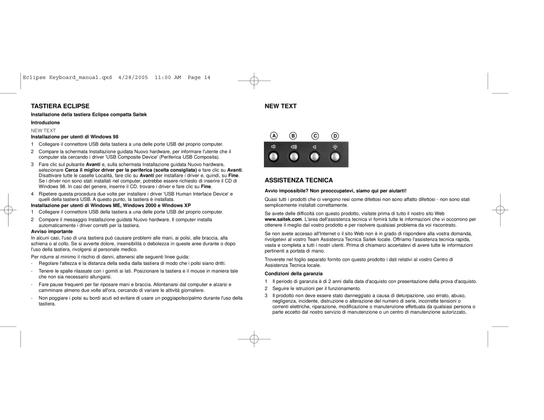 Saitek PZ10A user manual Tastiera Eclipse, Assistenza Tecnica, Installazione per utenti di Windows, Avviso importante 