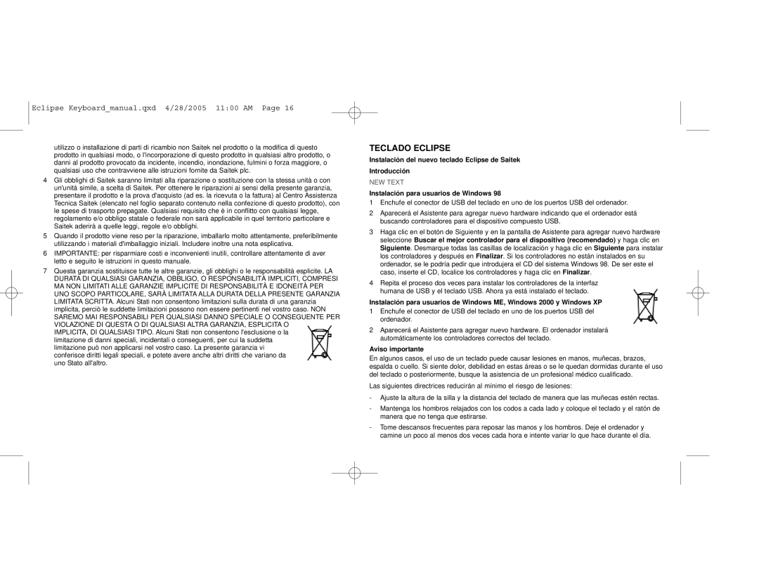 Saitek PZ10A user manual Teclado Eclipse, Instalación para usuarios de Windows, Aviso importante 