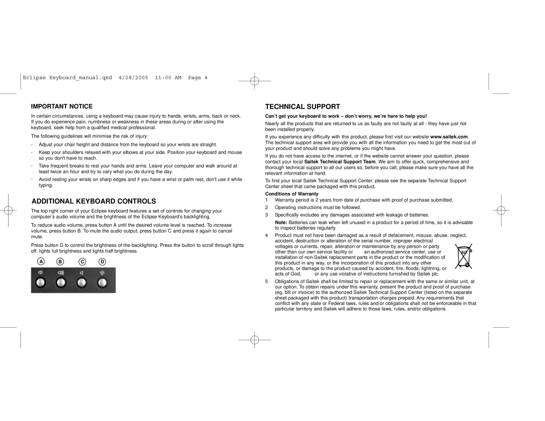 Saitek PZ10A Important Notice, Eclipse Keyboardmanual.qxd 4/28/2005 1100 AM Page, A B C D, Conditions of Warranty 