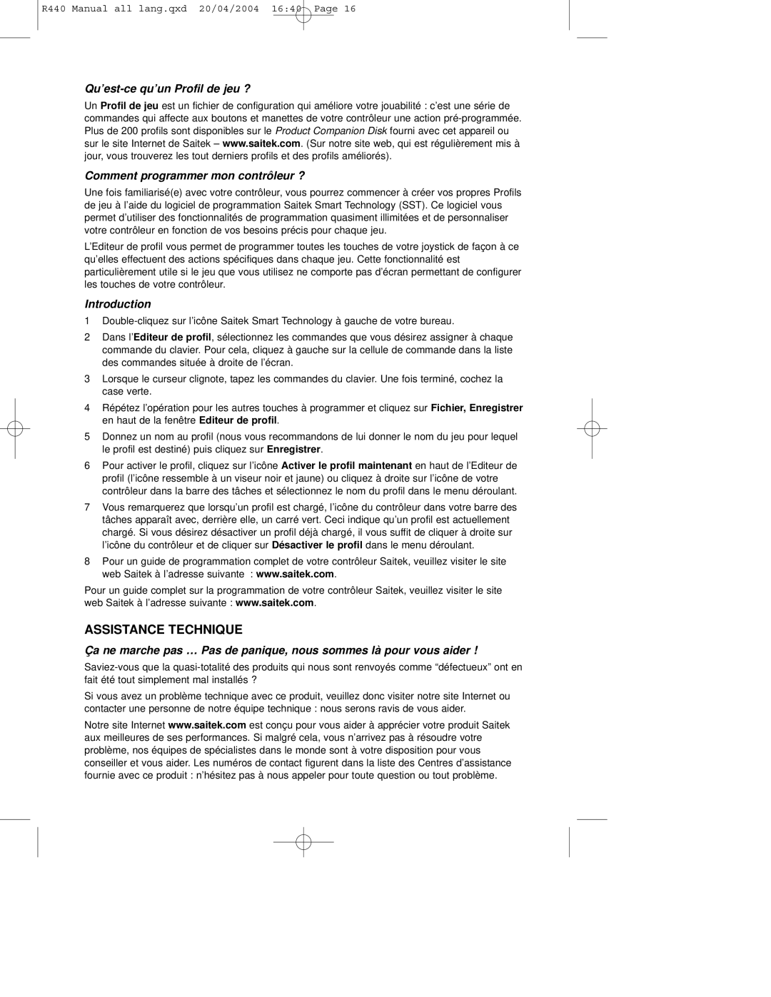 Saitek R440 user manual Assistance Technique, Introduction 