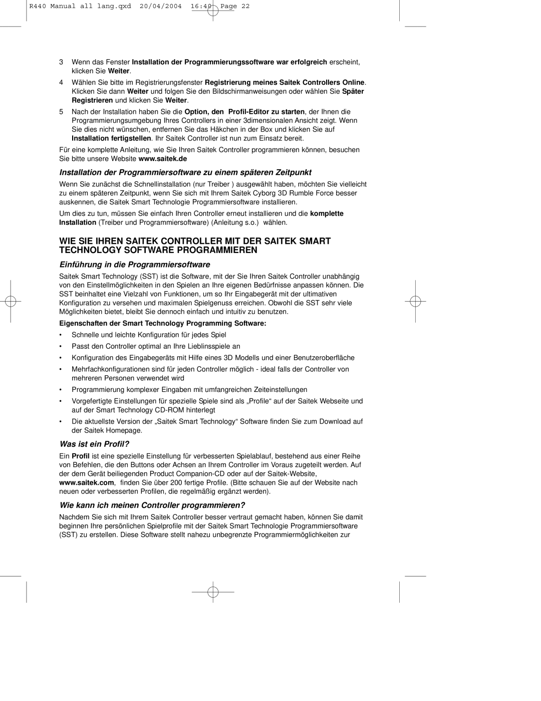 Saitek R440 user manual Einführung in die Programmiersoftware, Eigenschaften der Smart Technology Programming Software 