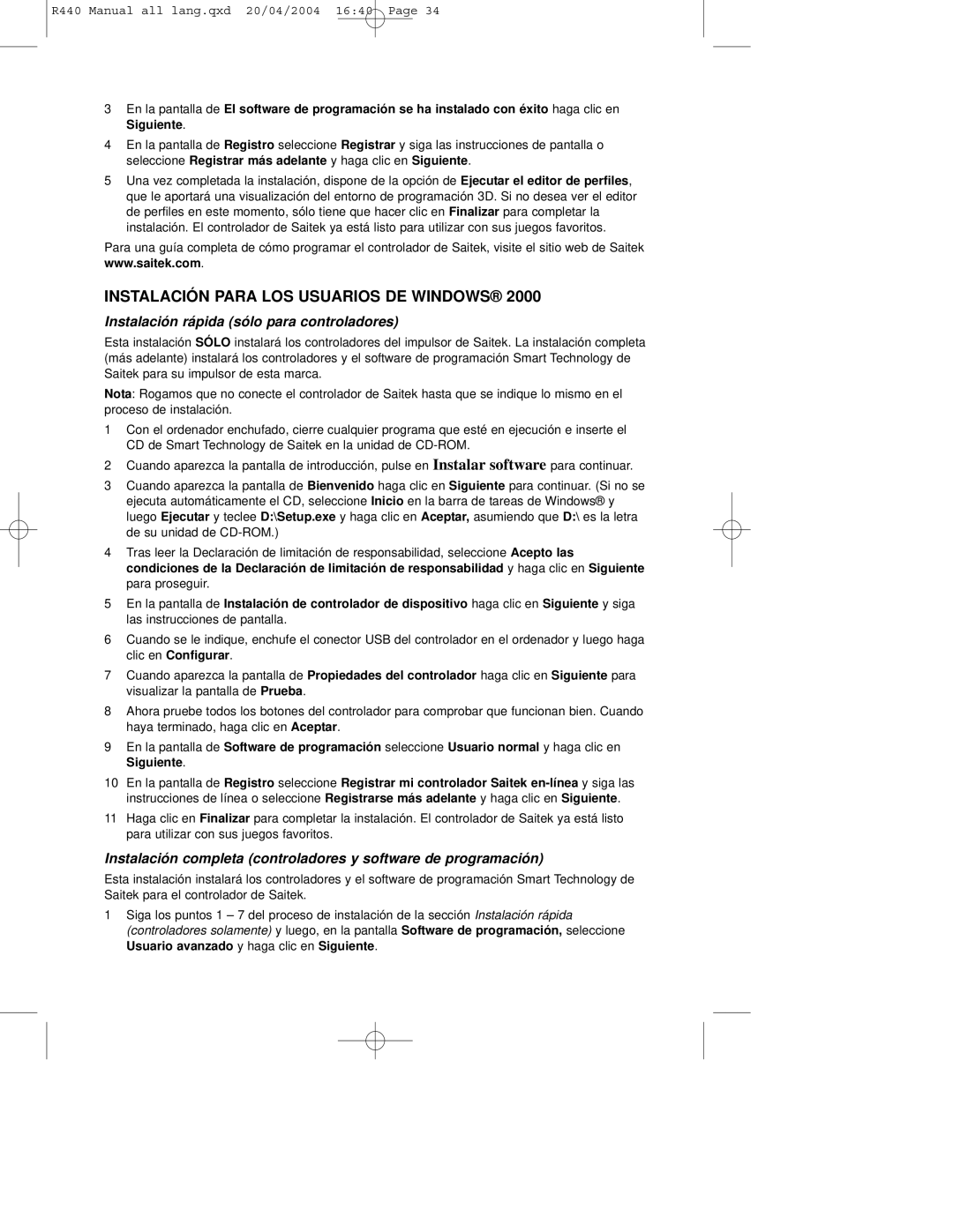 Saitek R440 user manual Instalación Para LOS Usuarios DE Windows, Instalación rápida sólo para controladores 