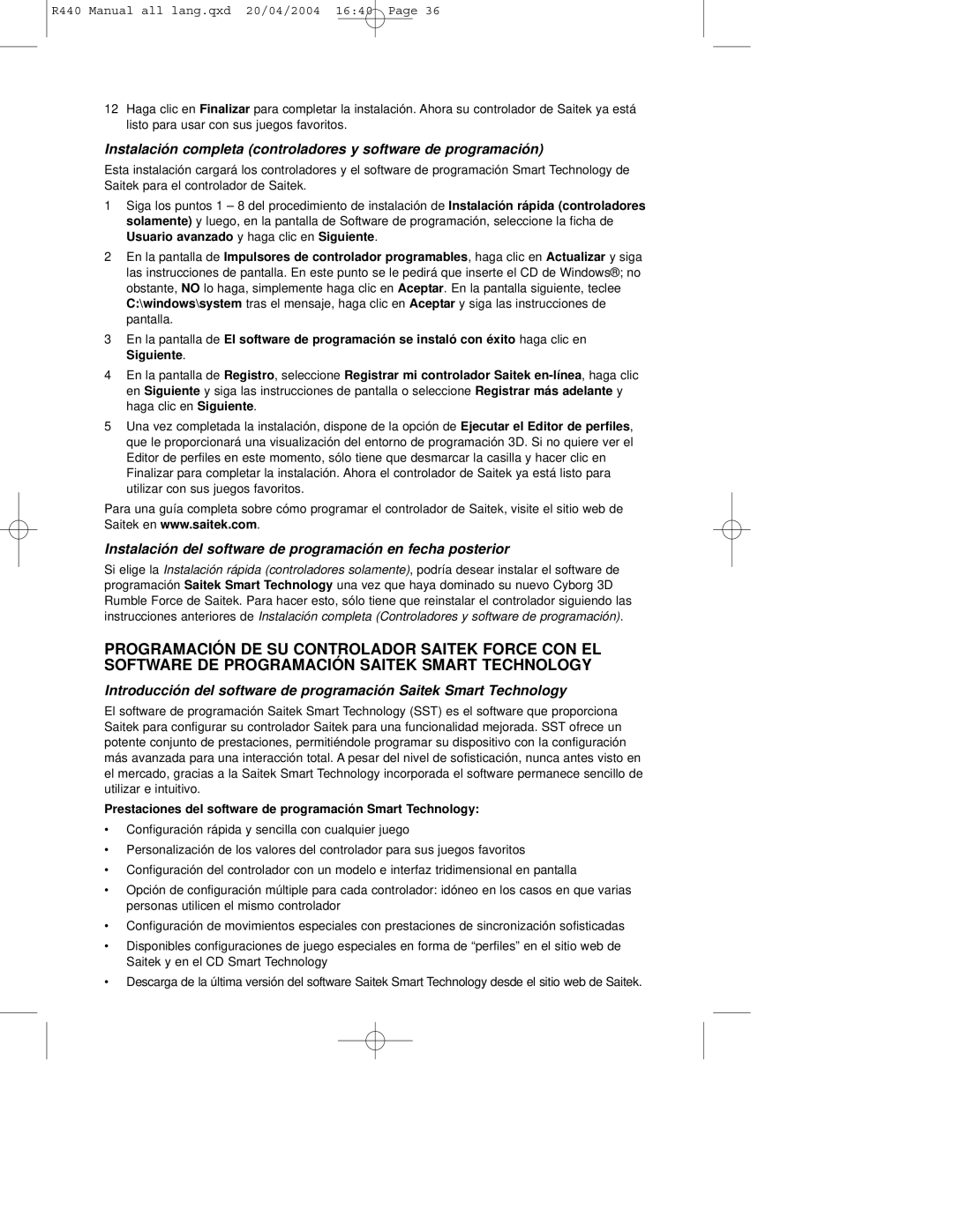 Saitek R440 user manual Instalación del software de programación en fecha posterior 