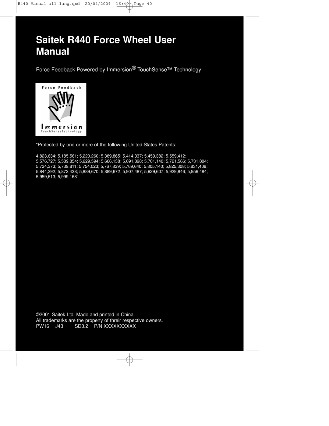 Saitek R440 user manual Force Feedback Powered by Immersion TouchSense Technology 