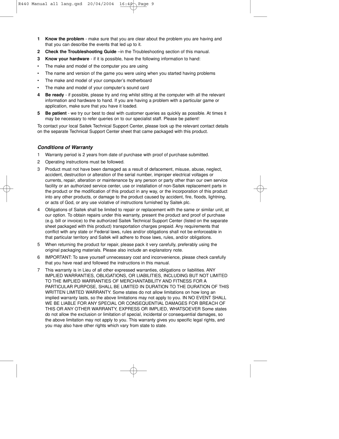 Saitek R440 user manual Conditions of Warranty 