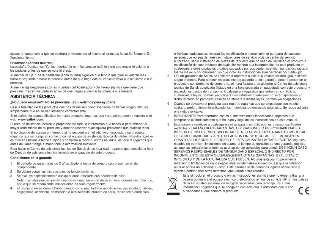 Saitek R660 user manual Asistencia Técnica, Deadzones Zonas muertas, Condiciones de la garantía 