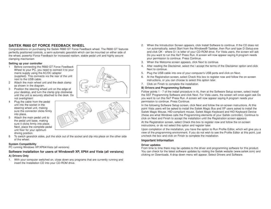 Saitek user manual Saitek R660 GT Force Feedback Wheel, Important Information 