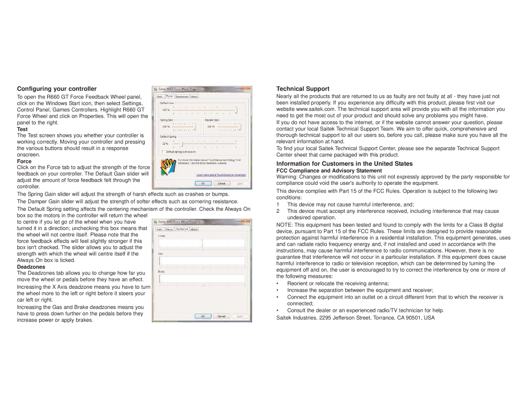Saitek R660 user manual Configuring your controller, Technical Support, Information for Customers in the United States 