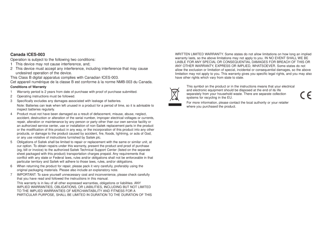 Saitek R660 user manual Canada ICES-003, Conditions of Warranty 