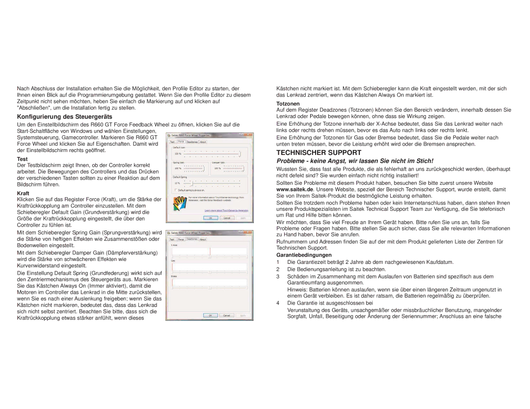 Saitek R660 user manual Technischer Support, Konfigurierung des Steuergeräts, Kraft, Totzonen, Garantiebedingungen 