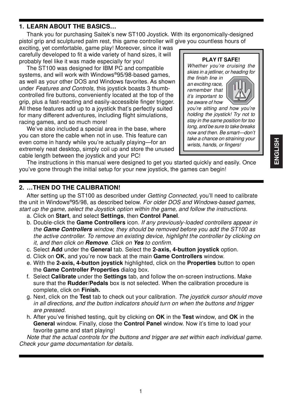 Saitek ST100 manual Learn about the BASICS…, …THEN do the Calibration, English 