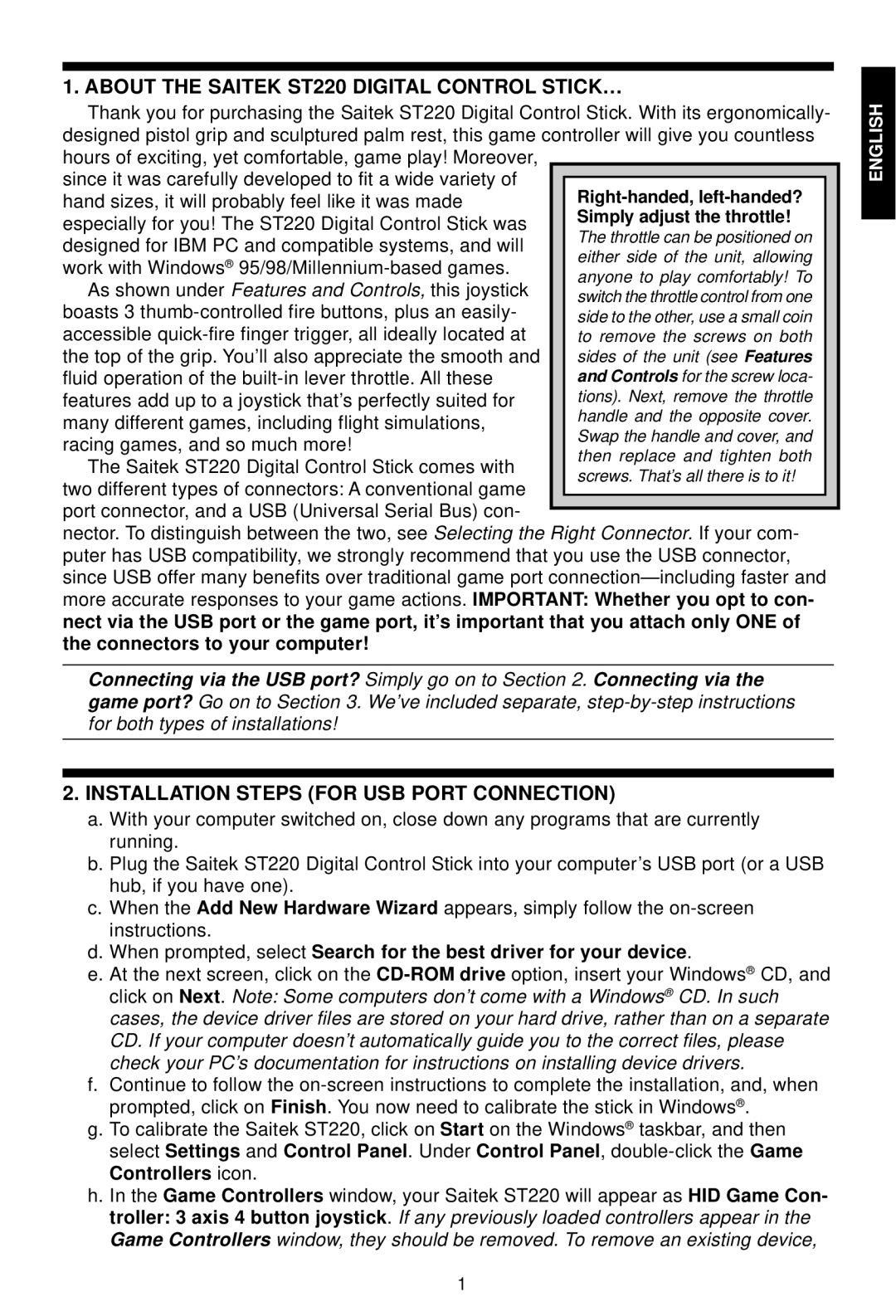 Saitek manual About the Saitek ST220 Digital Control STICK…, Installation Steps for USB Port Connection 