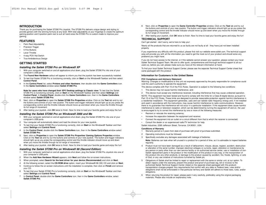 Saitek user manual Introduction, Features, Getting Started, Installing the Saitek ST290 Pro on Windows XP 