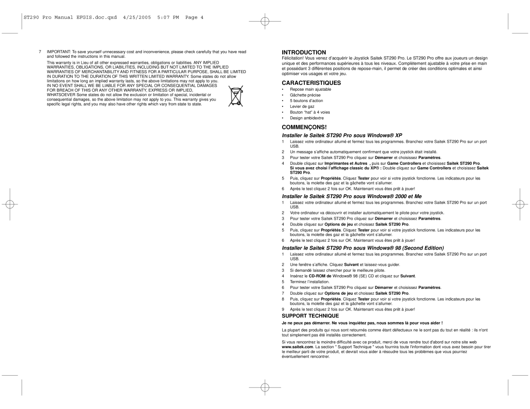 Saitek user manual Caracteristiques, Commençons, Installer le Saitek ST290 Pro sous Windows XP, Support Technique 