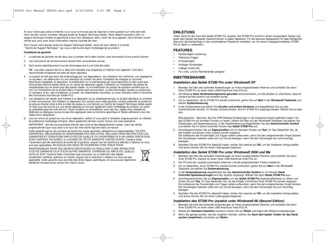 Saitek Einleitung, Inbetriebnahme, Installation des Saitek ST290 Pro unter Windows XP, Conditions de garantie 