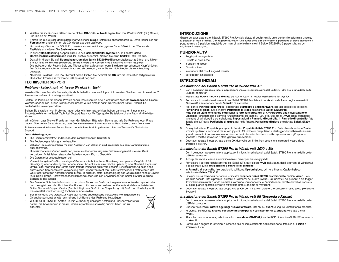 Saitek user manual Introduzione, Funzionalità, Istruzioni Iniziali, Installazione del Saitek ST290 Pro in Windows XP 