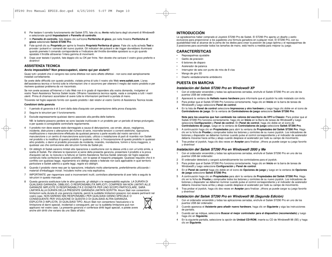 Saitek user manual Introducción, Características, Puesta EN Marcha, Instalación del Saitek ST290 Pro en Windows XP 