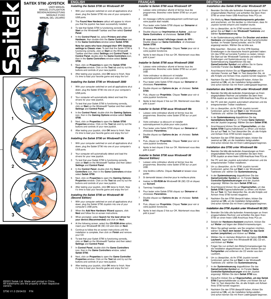 Saitek user manual Installing the Saitek ST90 on Windows XP, Installing the Saitek ST90 on Windows Me 