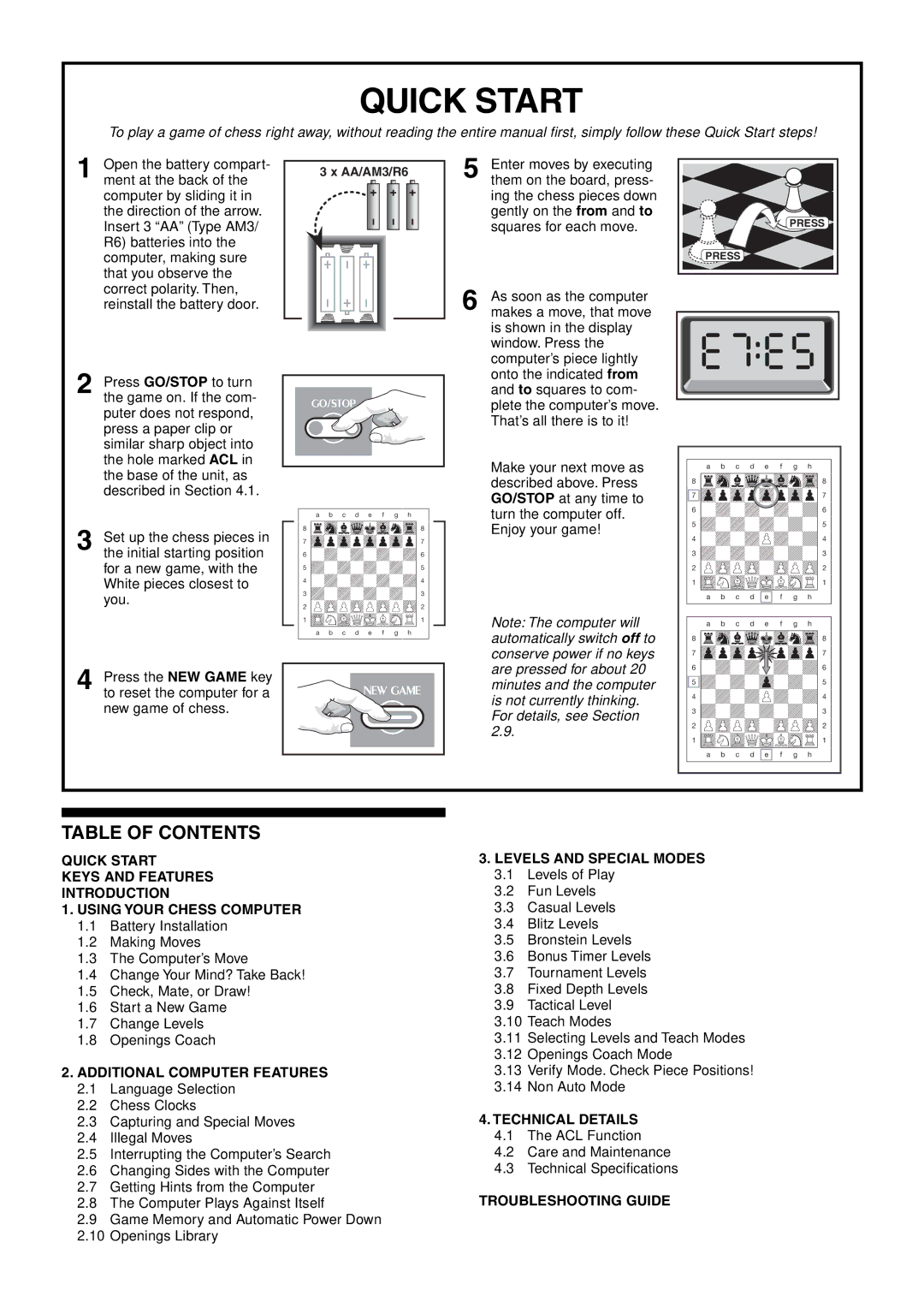 Saitek Talking Chess Trainer manual Quick Start, Table of Contents 