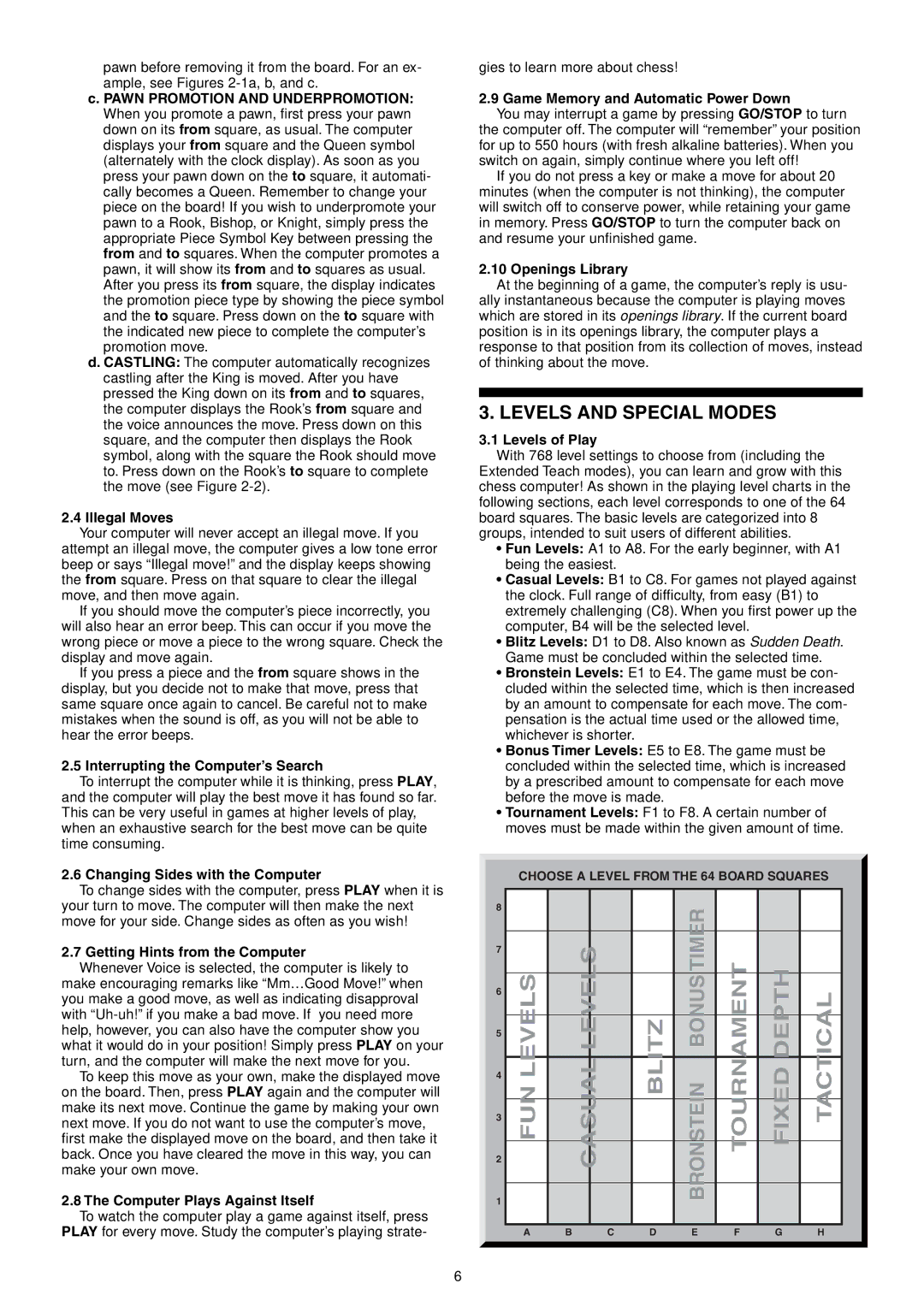 Saitek Talking Chess Trainer manual Levels and Special Modes 