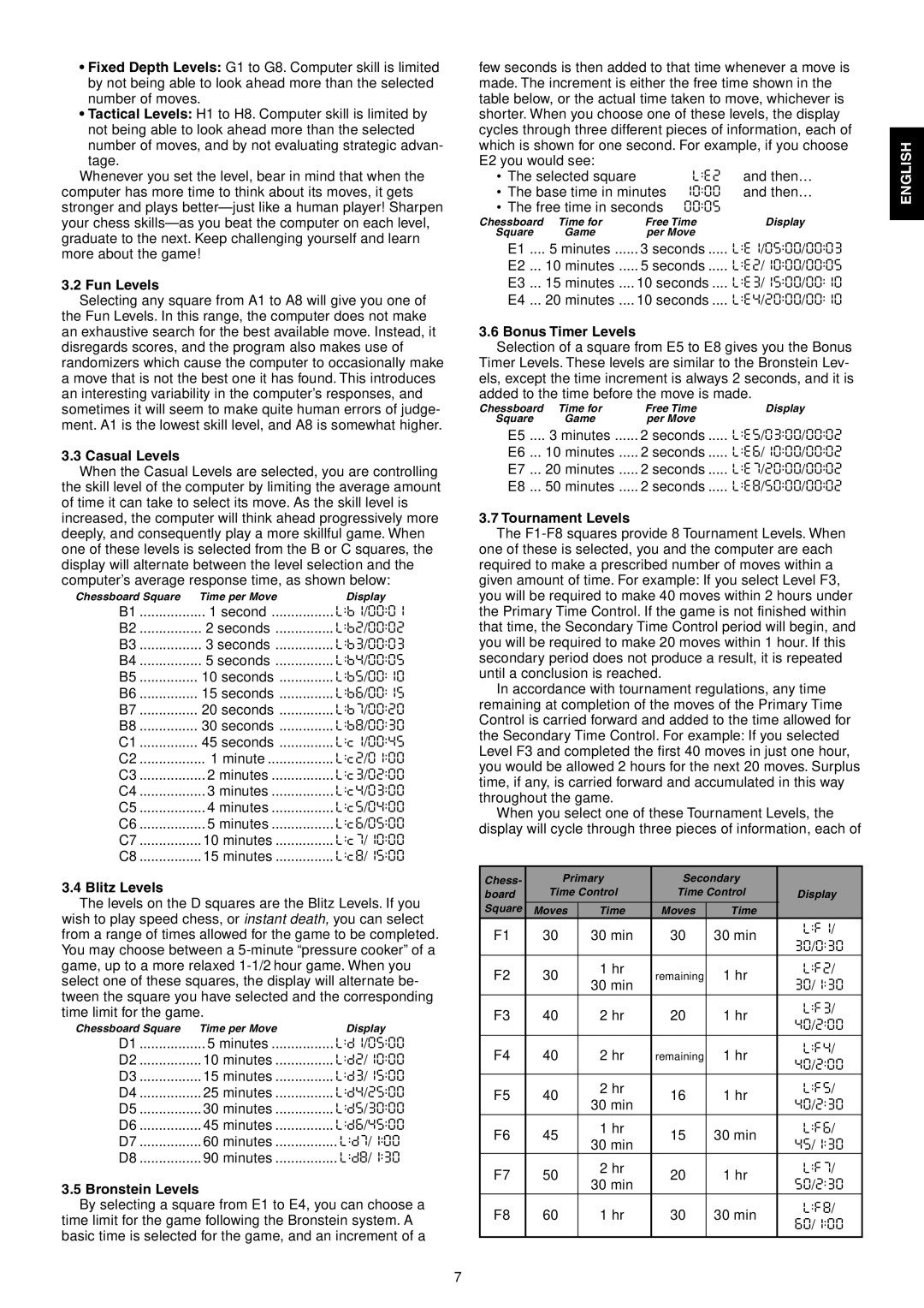 Saitek Talking Chess Trainer manual Fun Levels, Casual Levels, Blitz Levels, Bronstein Levels, Bonus Timer Levels 