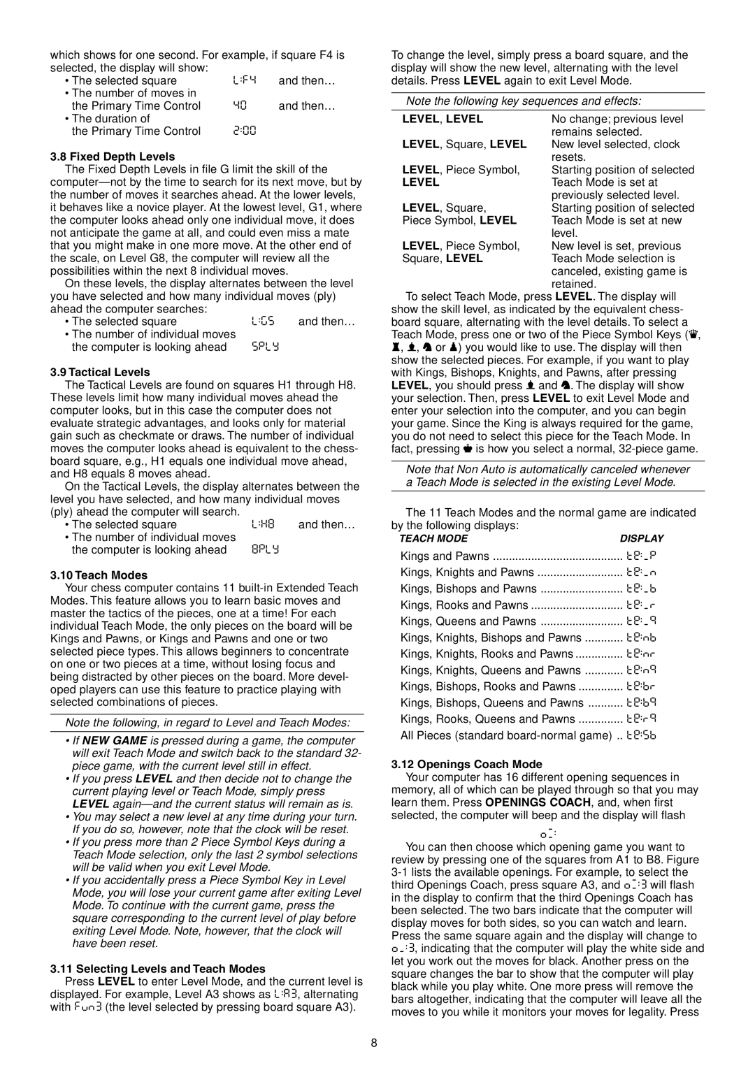 Saitek Talking Chess Trainer manual Level , Level 