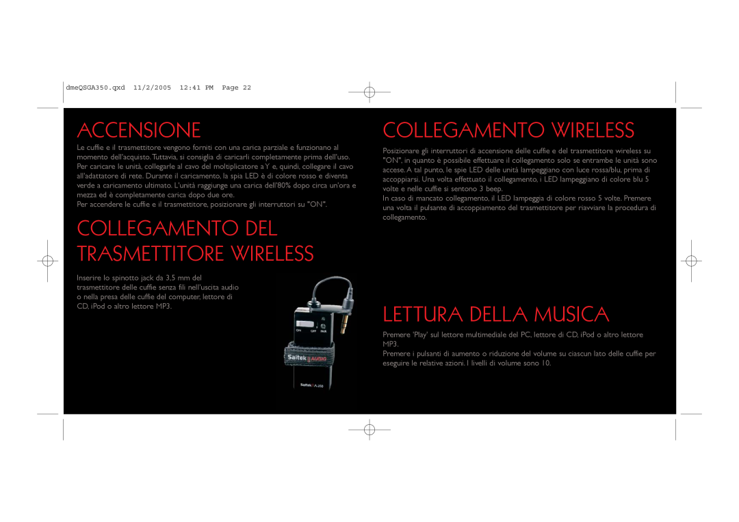 Saitek TM A-350 manual Accensione, Collegamento Wireless, Lettura Della Musica, Collegamento Del Trasmettitore Wireless 