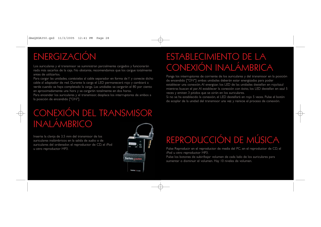 Saitek TM A-350 manual Energización, Reproducción De Música, Conexión Del Transmisor Inalámbrico 