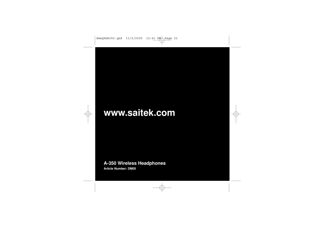 Saitek TM A-350 manual A-350Wireless Headphones, dmeQSGA350.qxd 11/2/2005 12 41 PM Page, Article Number DM05 