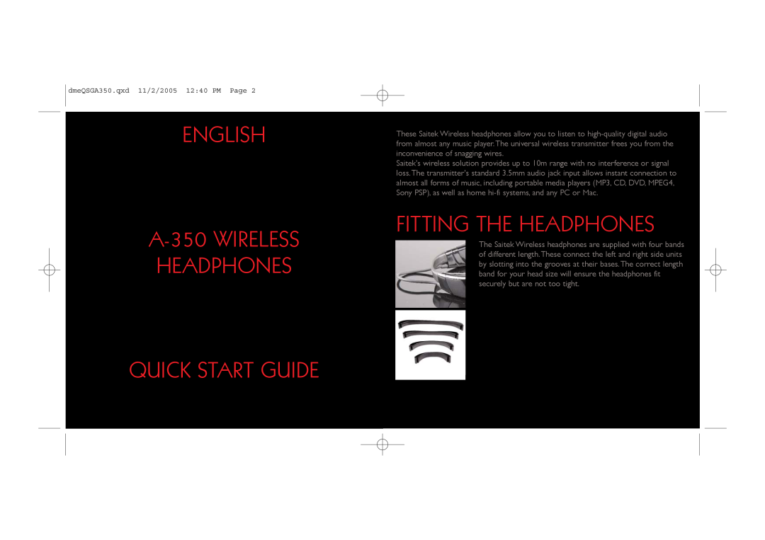Saitek TM A-350 manual ENGLISH A-350WIRELESS HEADPHONES, Quick Start Guide, Fitting The Headphones 