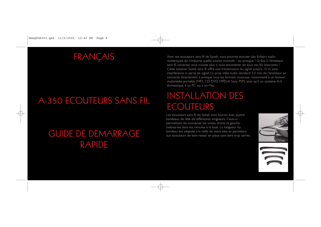 Saitek TM A-350 manual FRANÇAIS A-350ECOUTEURS SANS FIL, Guide De Demarrage Rapide, Installation Des Ecouteurs 